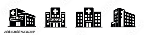 Hospital building designs, emergency symbols, medical facility, flat vector illustration