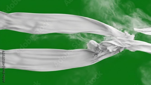 Green Screen White Smoke Sliced into Peeling Fabric Ribbons 3D Render