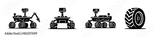 Mars rover designs, robotic exploration vehicles, flat vector illustration