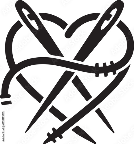 Crafting Devotion: A heart-shaped design intertwines needles and measuring tape, symbolizing the passion and precision inherent in the art of sewing.