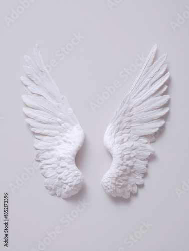 Pair of White Angel Wings with Detailed Feathers Isolated on Clean Minimalist Background Symbol of Peace Protection Freedom Spirituality Purity and Hope for Religious Creative and Artistic Projects