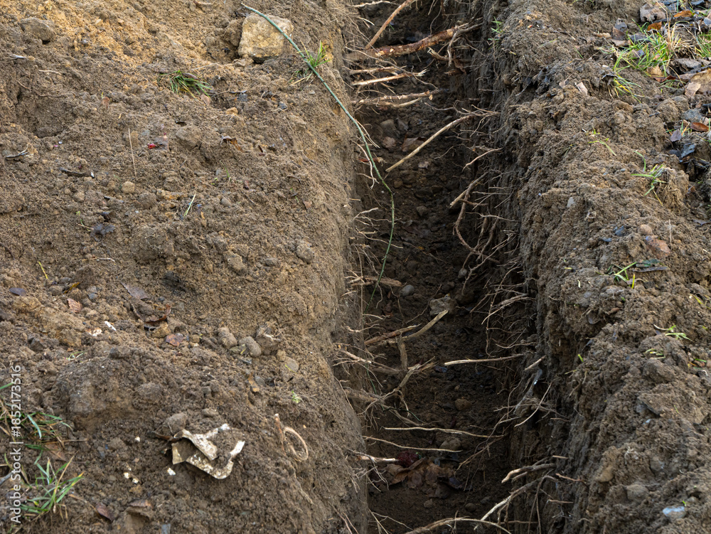 Fototapeta premium Freshly dug construction trench with exposed soil layers and tree roots. 