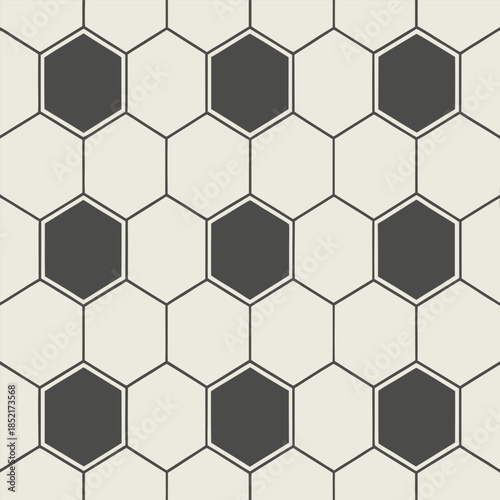 Seamless hexagonal pattern with alternating dark gray and light hexagons outlined by thin lines creating a classic geometric background
