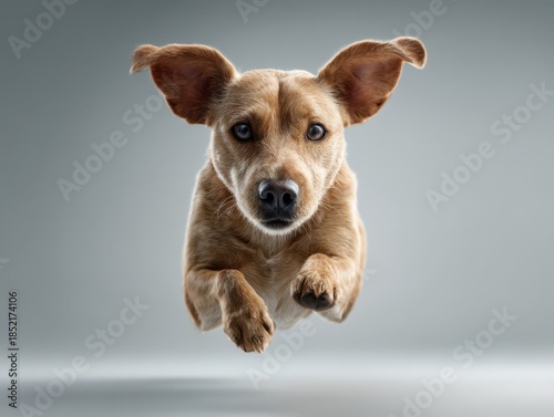 Energetic brown dog jumps j...