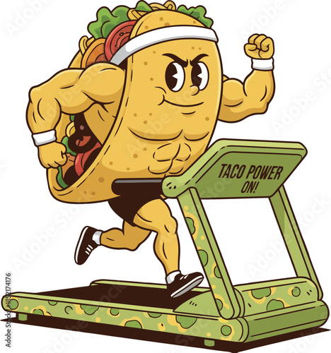 Funny cartoon muscular taco character running on a treadmill for fitness and exercise