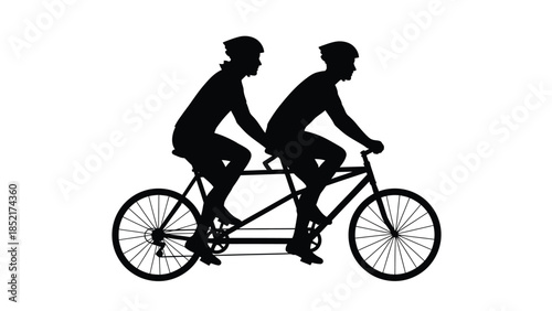 Silhouette of two cyclists riding a tandem bicycle against a white background