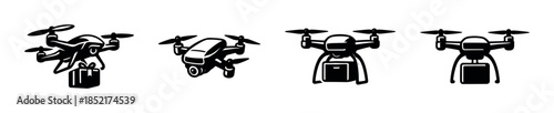 Drone delivery designs, quadcopters, packages, flat vector illustration set