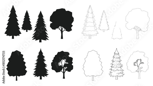 Collection of diverse tree silhouettes and outlines showcasing different forms