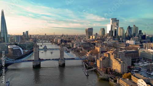 London city skyline panorama. Aerial 4K drone video footage of panoramic background of London. Iconic skyline with skyscrapers, river Thames, historic landmarks
