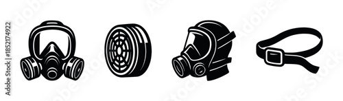 Gas mask equipment set, safety gear icons, flat vector illustration