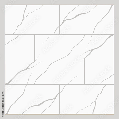 Rectangular marble tile background featuring a grid of elegant gray veined white tiles framed by a subtle gold border design