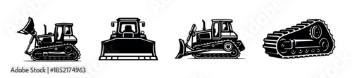 Bulldozer collection, construction equipment, flat vector illustration