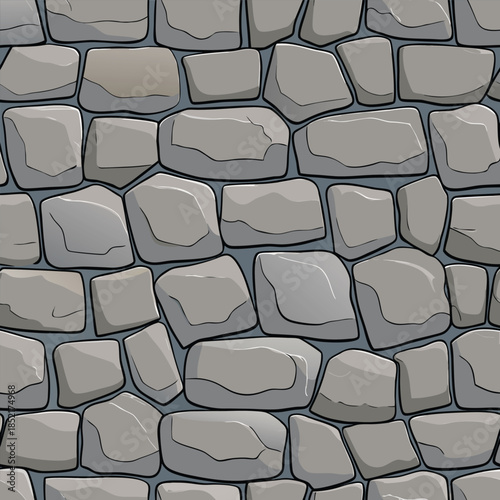 Irregular shaped grey stones set in dark grout creating natural textured wall background vector pattern