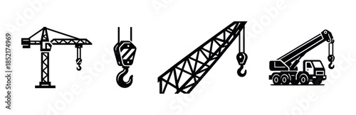Construction crane collection, flat vector illustration with hooks and machinery