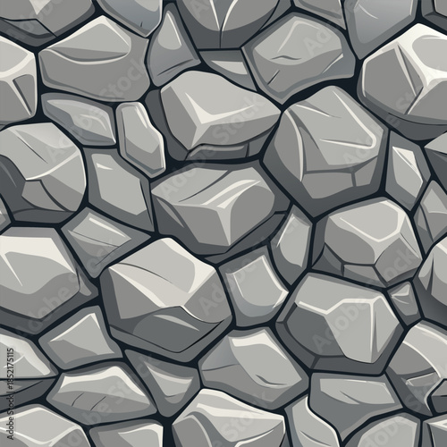 Abstract seamless pattern of rough gray boulders with sharp edges creating textured surface for modern graphic design backgrounds