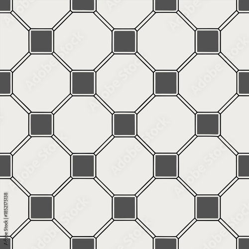 Seamless pattern with rounded dark gray squares and light squares connected by double-lined diagonal grid for a modern geometric look