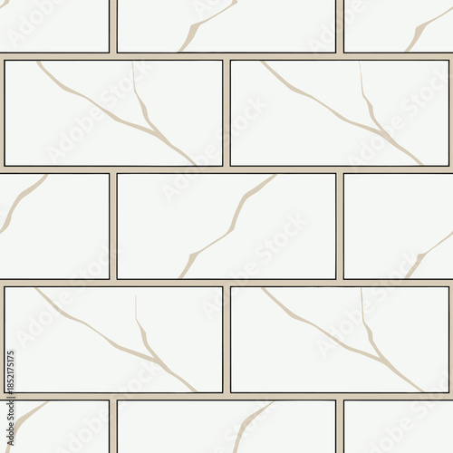 Horizontal rectangle marble tiles with beige grout and light grey veining, subway tile pattern, contemporary surface background