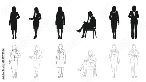 Silhouette collection of professional women in various business poses and outfits