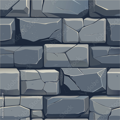 Seamless pattern of gray rectangular stone blocks with cracks and chipped edges, creating a weathered and ancient wall texture