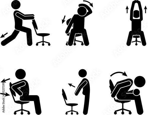 Collection of stick figures illustrating simple office exercises and stretches for desk workers.