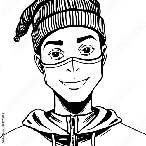 Hand-drawn monochrome portrait of a masked young adult of African descent with a rounded face, full lips, and a slight smile, wearing a fitted beanie and a zip-up hoodie with a high collar, bold black