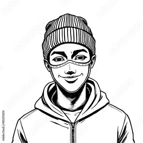 Hand-drawn monochrome portrait of a masked young adult of African descent with a rounded face, full lips, and a slight smile, wearing a fitted beanie and a zip-up hoodie with a high collar, bold black