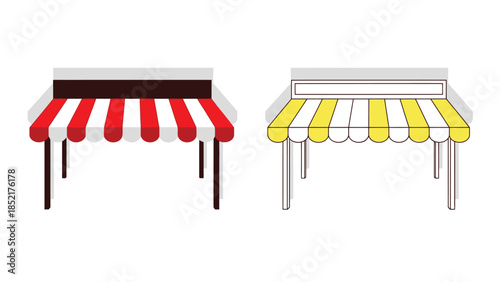 Illustration of two storefront awnings one red and white one yellow and white