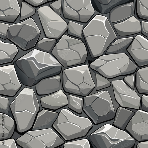 Detailed seamless texture of stacked irregular gray stones with dark outlines forming rustic retaining wall for outdoor decoration