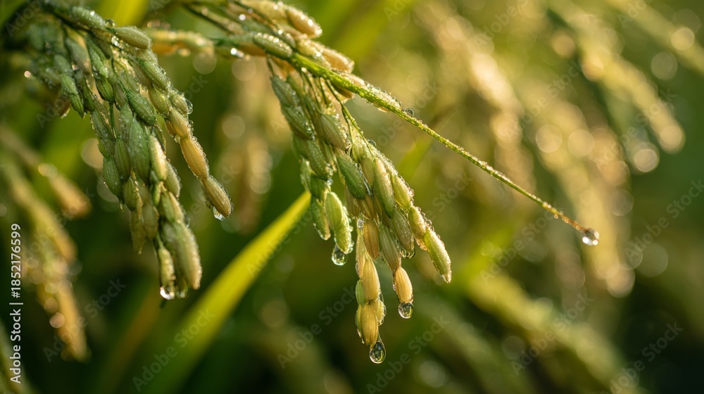 Obraz premium Close-Up Of Dew-Kissed Rice Plant With Ripening Grains In Sunlight, Showcasing Nature's Beauty And Agriculture's Bounty In A Serene Environment