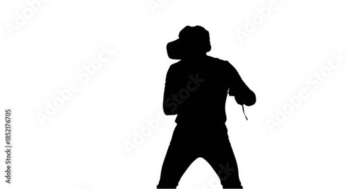 Person experiencing virtual reality with motion controllers.