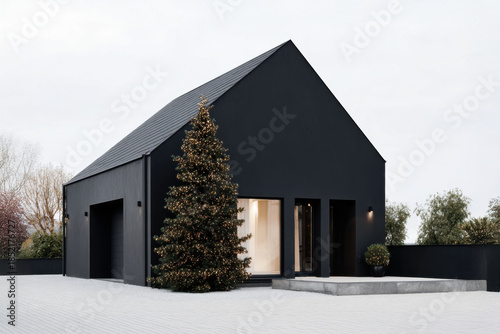 A sleek black house with a gabled roof stands against a gray sky, with a decorated