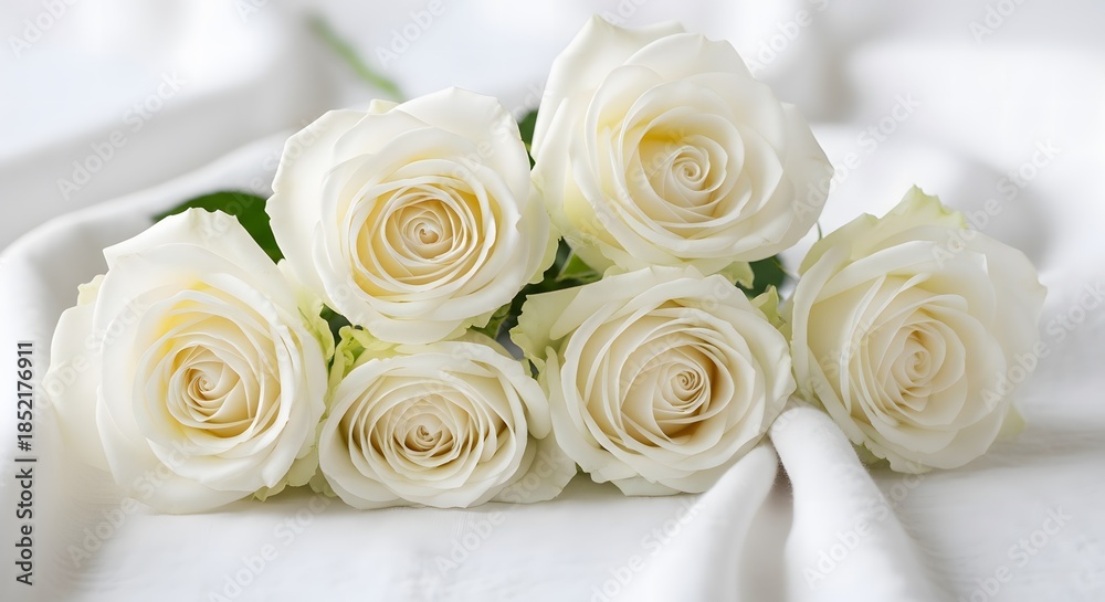 Obraz premium Six fresh white roses with creamy centers lying on soft white dr