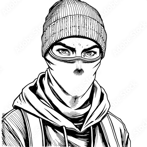 Editorial-style black and white ink artwork of a youthful figure with a fitted balaclava covering the lower face, a worn beanie tightly fitted on the head, and layered hoodie clothing, rendered with p