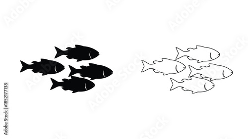 Stylized illustration of fish silhouettes filled and outlined designs shown