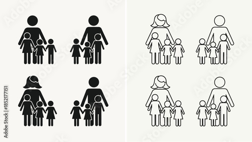 Simple black and white family icons depicting parents with children
