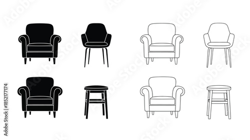 Four variations of upholstered armchairs in black and white line art