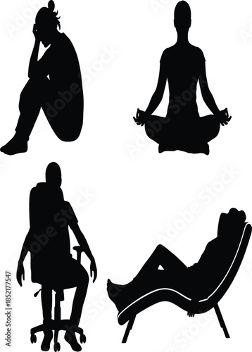 Four black silhouettes depicting various relaxed human postures including meditation and lounging silhouette high quality professional