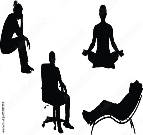Diverse individuals captured in various resting poses including meditation and reclining presented as a striking silhouette