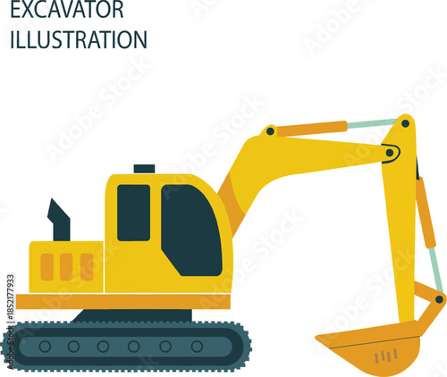 ​Flat Vector Illustration of a Yellow Hydraulic Excavator Isolated on White Background