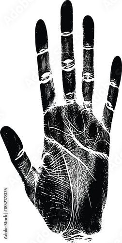A detailed black and white image of an open human handprint emphasizing palm lines silhouette