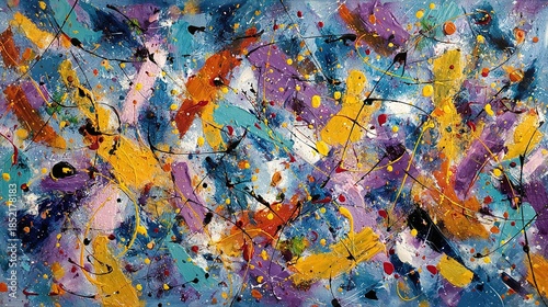 Abstract expressionist painting with bright colorful splashes and paint splatters
