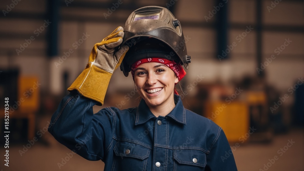 Naklejka premium Portrait of happy female welder lifting her protective helmet. Confident young woman worker smiling in industrial factory. Skilled trades and labor concept