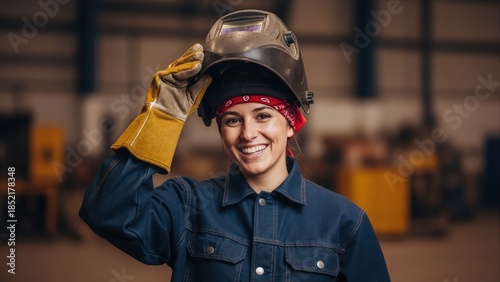 Portrait of happy female welder lifting her protective helmet. Confident young woman worker smiling in industrial factory. Skilled trades and labor concept