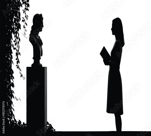 A woman contemplates a classical bust in a garden framed by foliage a striking black silhouette