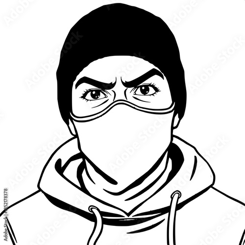 Graphic line illustration of a young masked individual with a strong jawline and piercing brown eyes, wearing a dark blue knitted beanie and a matching grey hoodie with white drawstrings, face partial