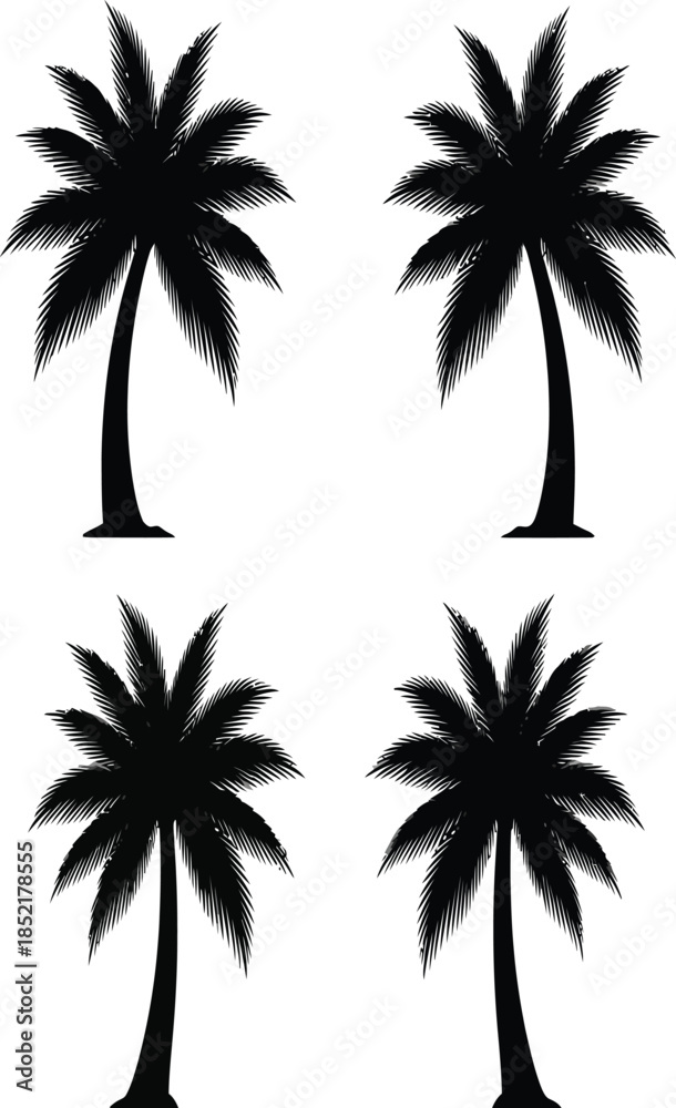 Fototapeta premium Four tropical palm trees presented in a dark dramatic style creating a striking visual silhouette