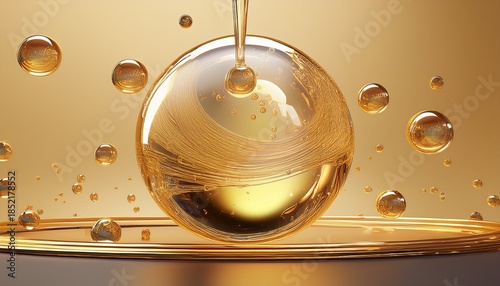 gold transparent glass water bubbles gel sphere skincare essence ball liquid oil foam cells science moisture face lifting anti aging luxury energy drop of oil beauty cosmetic 3d render