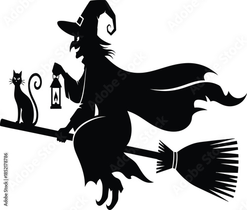 a spooky halloween scene featuring a witch on a broom with a black cat and lantern silhouette