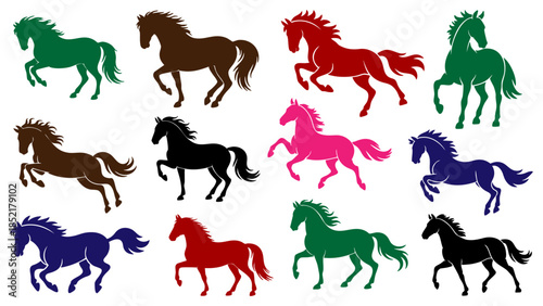 Colorful horse silhouettes set in various running and galloping poses, Vector collection of wild mustang and stallion silhouettes for logo design, Set of multicolored equestrian horse icons isolated 