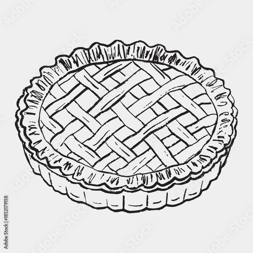 Hand drawn pie with lattice crust. Classic baking style and cozy dessert. Ideal for culinary, seasonal treats, or comfort food visuals. Vector sketch illustration in vintage crayon charcoal style.